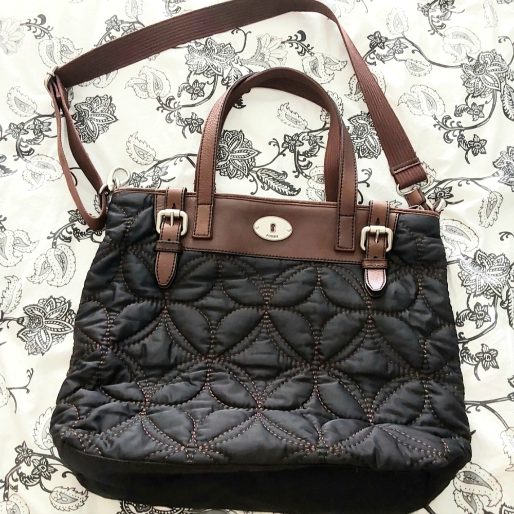Fossil Black and Brown Quilted Tote Bag with Leather Trim